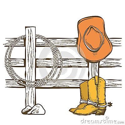 Cowboy American ranch with cowboy boots, cowboy hat and lasso on wood fence. Vintage Westerrn symbol hand drawn color illustration Vector Illustration