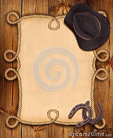 Cowboy background with rope frame and western clothes Stock Photo