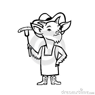 Cowboy Billy Goat Barbecue Chef Mascot Black and White Vector Illustration