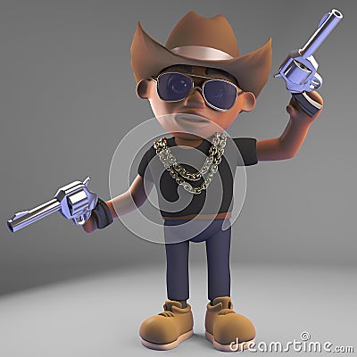 Cowboy black rapper wearing stetson and firing pistols in the air, 3d illustration Cartoon Illustration