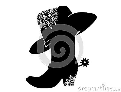 Cowboy boot black silhouette for text or decoration. Vector Cowgirl party printable illustration isolated on white. Western boot Vector Illustration