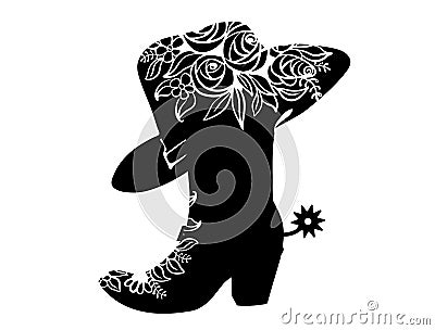 Cowboy boot black silhouette for text or decoration. Vector Cowgirl party printable illustration isolated on white. Western boot Vector Illustration