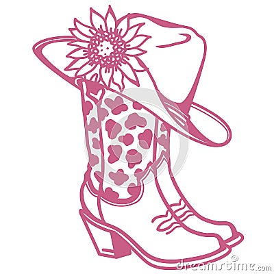 Cowboy boots and cowboy hat with flowers decoration. Cowgirl boots vector pink graphic illustration isolated on white for print. Vector Illustration