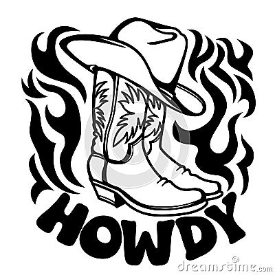 Cowboy boots and hat printable graphic illustration isolated on white for design. Vector Illustration