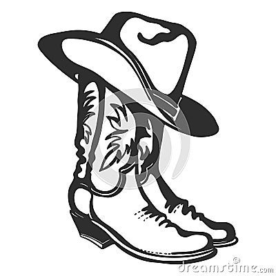 Cowboy boots and hat. Vector graphic illustration isolated on white for design Vector Illustration