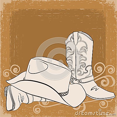 Cowboy boots and hat.Vector grunge background Vector Illustration