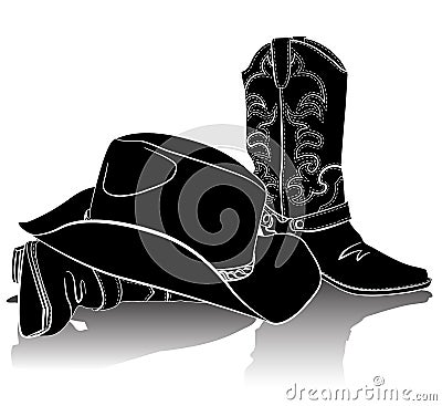 Cowboy boots and hat.Vector grunge background Vector Illustration