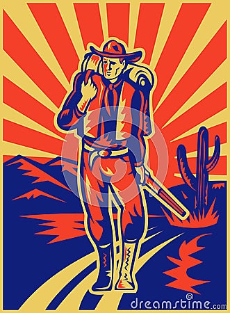 Cowboy carrying backpack and rifle Cartoon Illustration