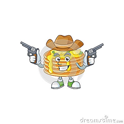 A cowboy cartoon character of lemon cream pancake holding guns Vector Illustration
