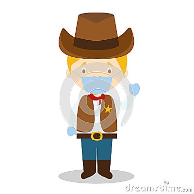 Cowboy character from USA dressed in the traditional way and with surgical mask and latex gloves Vector Illustration