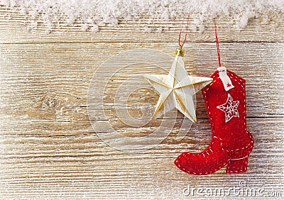 Cowboy christmas background with toys on wood texture Stock Photo