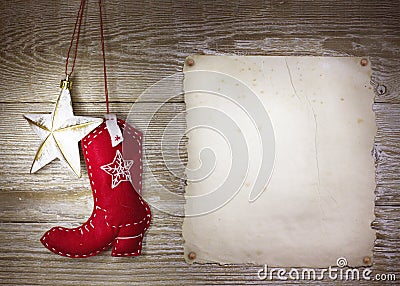 Cowboy christmas background with western toys boot and star on o Stock Photo