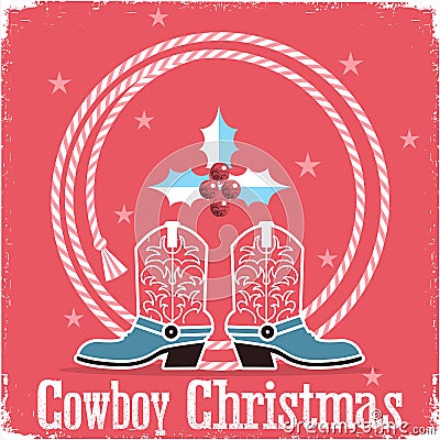 Cowboy christmas card red background with western boots and lass Vector Illustration