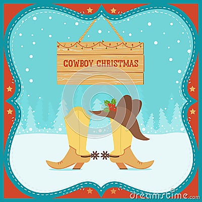 Cowboy Christmas card with western boots and hat on winter background Vector Illustration