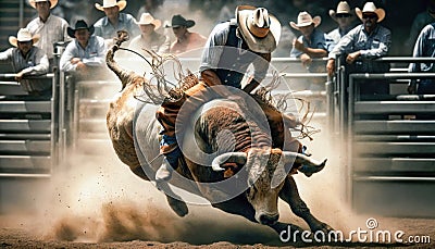 Rider bareback riding a bull at the rodeo Stock Photo