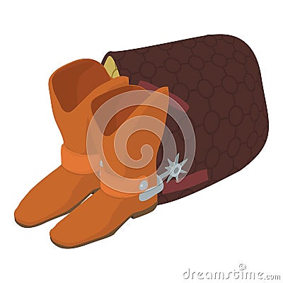 Cowboy concept icon isometric vector. Cowboy boot with spur and brown saddle pad Stock Photo