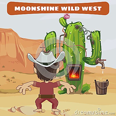 Cowboy cook a moonshine of cactus in the wild West Vector Illustration