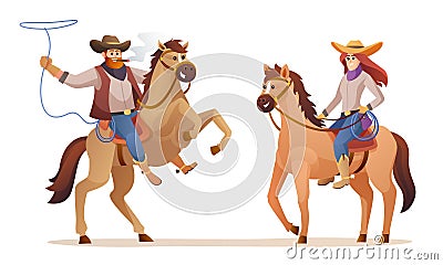 Cowboy and cowgirl riding horse Vector Illustration