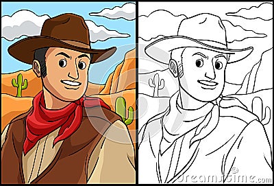 Cowboy in the Desert Coloring Colored Illustration Vector Illustration