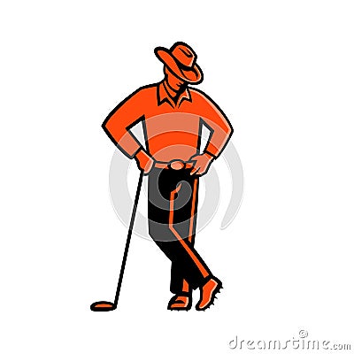 Cowboy Golfer Leaning Golf Club Mascot Vector Illustration