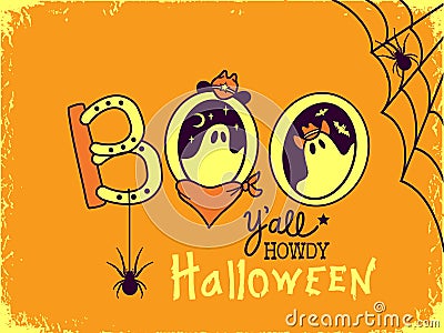 Cowboy Halloween background with the gosts. Vector halloween ghost in cowboy hat and holiday text howdy boo pumpkin text for print Vector Illustration