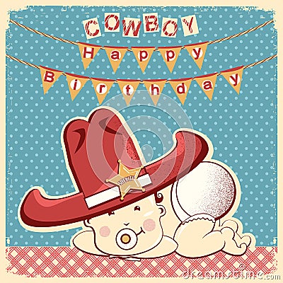 Cowboy happy birthday card with little baby in big western sheri Vector Illustration