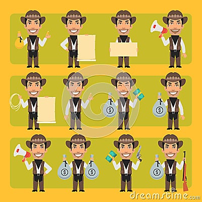 Cowboy with hat in different poses and emotions Pack 1. Big character set Vector Illustration