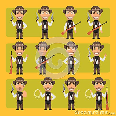 Cowboy with hat in different poses and emotions Pack 2. Big character set Vector Illustration