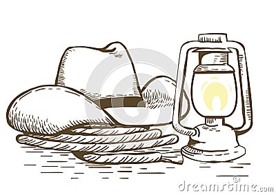 Cowboy hat and lasso on farm. Vector vintage graphic hand drawn illustration of Cowboy Ranch Concept isolated on white Vector Illustration