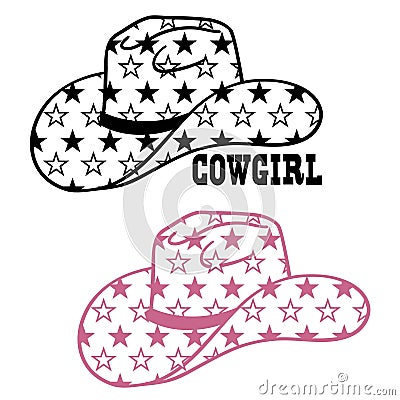 Cowboy hat with stars decoration. Vector Western Cowgirl hat with stars isolated on white. Cut file Hand drawn illustration Vector Illustration