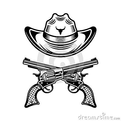 Cowboy hat and two crossed pistols vector monochrome style illustration on graphic objects isolated on white background Vector Illustration