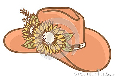 Cowboy hat with yellow sunflowers. Vector Western hat with sunflowers for cowgirl isolated on white. Cut file Hand drawn Vector Illustration