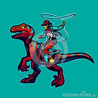 Cowboy Holding the Lasso Rope Riding Raptor Mascot Illustration Vector Illustration