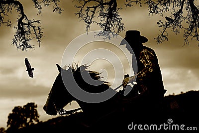 A cowboy, horse and birds in sepia. Stock Photo