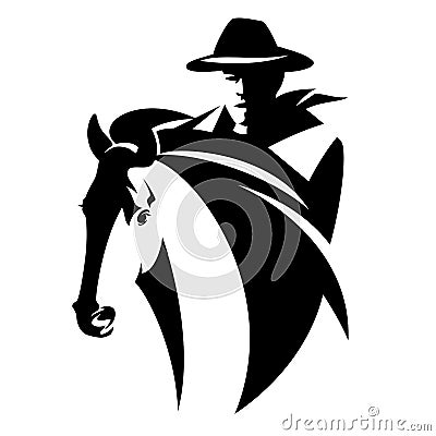 Cowboy and horse black vector portrait Vector Illustration