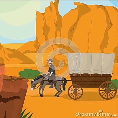 Cowboy on horse with carriage Vector Illustration