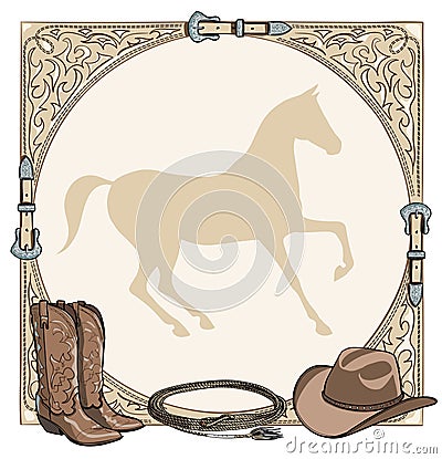 Cowboy horse equine riding tack tool in the western leather belt frame. Stock Photo