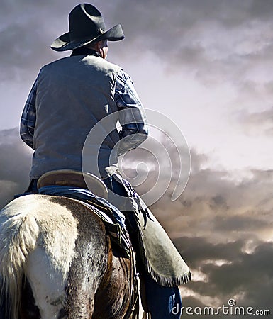 Old Wild West Cowboy and Horse on the Prairie Stock Photo