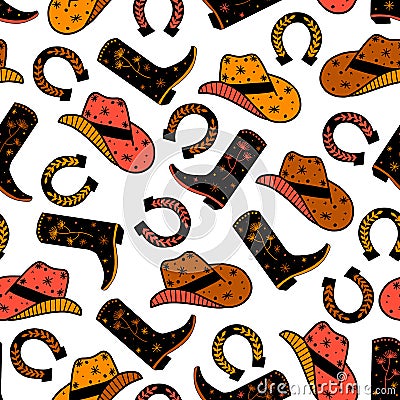 Cowboy Horse Ranch seamless vector pattern. Cowboy boots, hat, horseshoe repeating background. Wild West surface pattern Vector Illustration