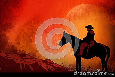 Cowboy on horse ride on sunset. Mountains on the horizon Vector Illustration