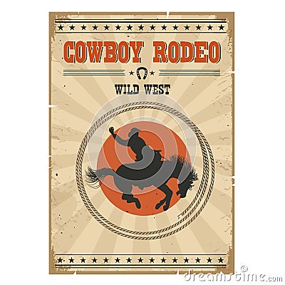 Cowboy horse rodeo poster.Western vintage illustration with text Vector Illustration