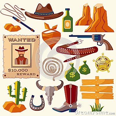 Cowboy icons flat Vector Illustration