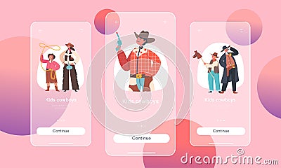 Cowboy Kids Mobile App Page Onboard Screen Template. Boys or Girls Characters Western Personages Wear Wild West Costumes Vector Illustration