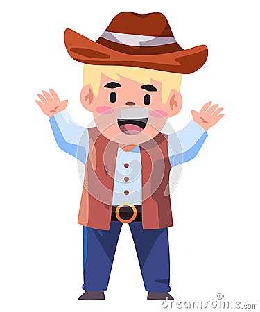 Cowboy kids wearing hat and vest as american sheriff costume Vector Illustration