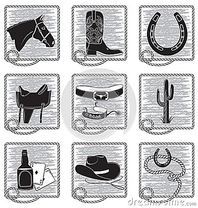 Cowboy life elements .Vector black silhouettes Vector Illustration