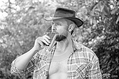 cowboy man drinking bourbon hipflask. man with bourbon hipflask outdoor. Stock Photo