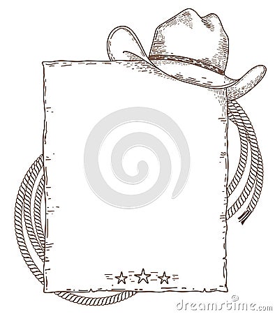 Cowboy paper background for text. Vector cowboy western hand drawn background with cowboy hat and rodeo lasso isolated on white Vector Illustration