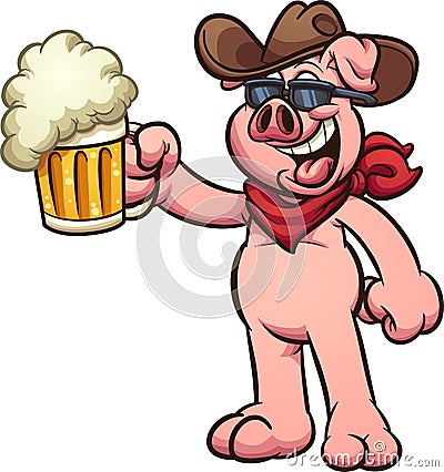 Cow boy pig with beer mug on his hand Vector Illustration