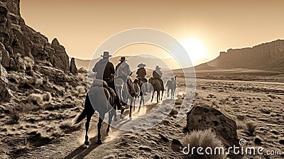 Cowboy Posse Riding Through Desert At Sunrise Stock Photo