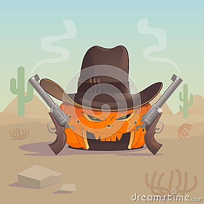 Cowboy pumpkin has two guns in hot desert Vector Illustration